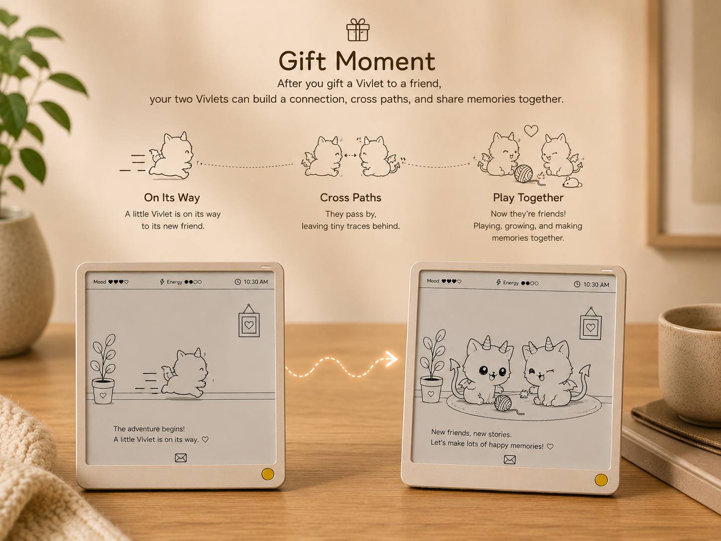 Two Vivlet companions connecting, crossing paths, and playing together as a gift moment