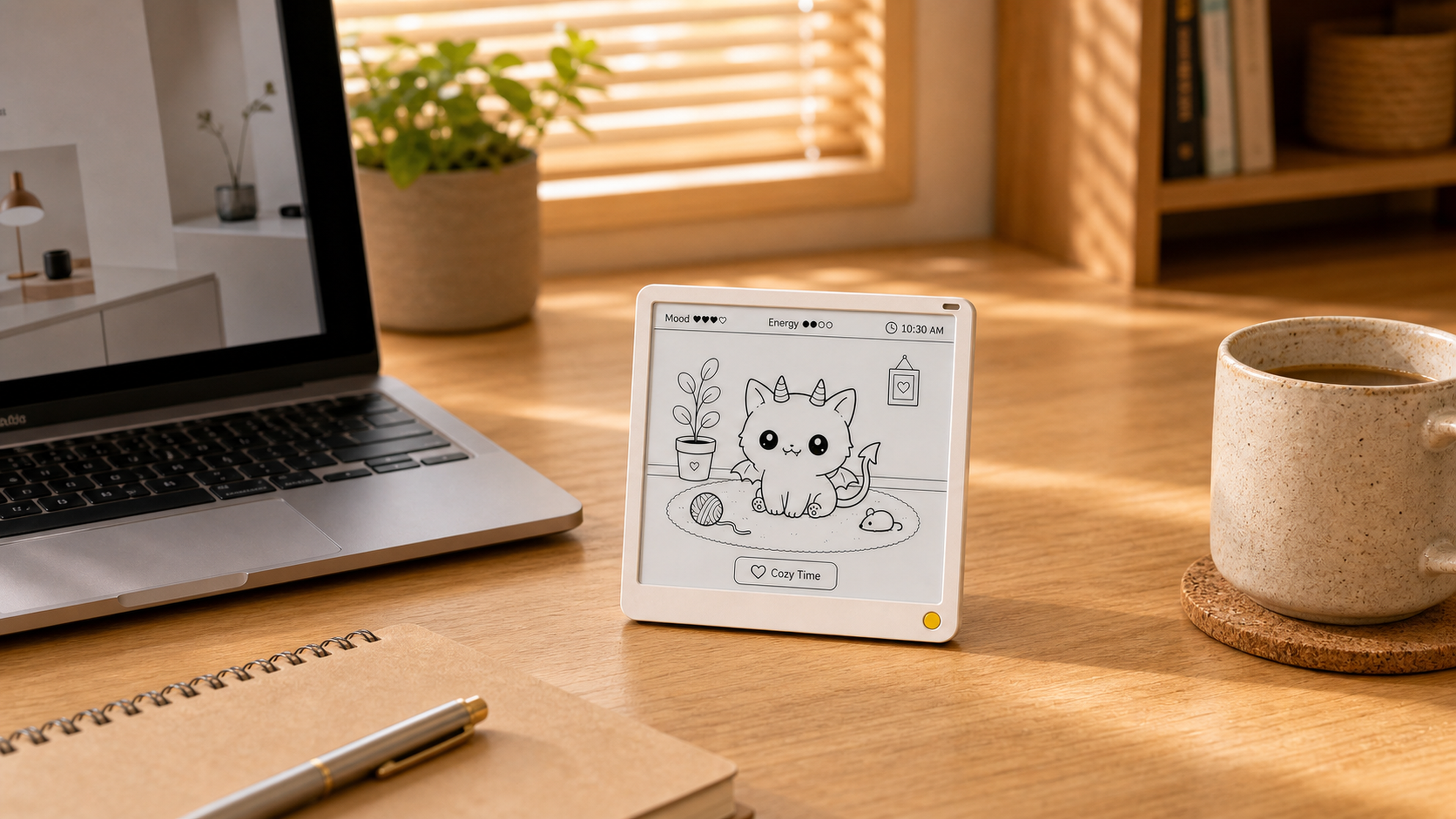 Vivlet e-ink companion on a warm desk with a small illustrated pet on screen