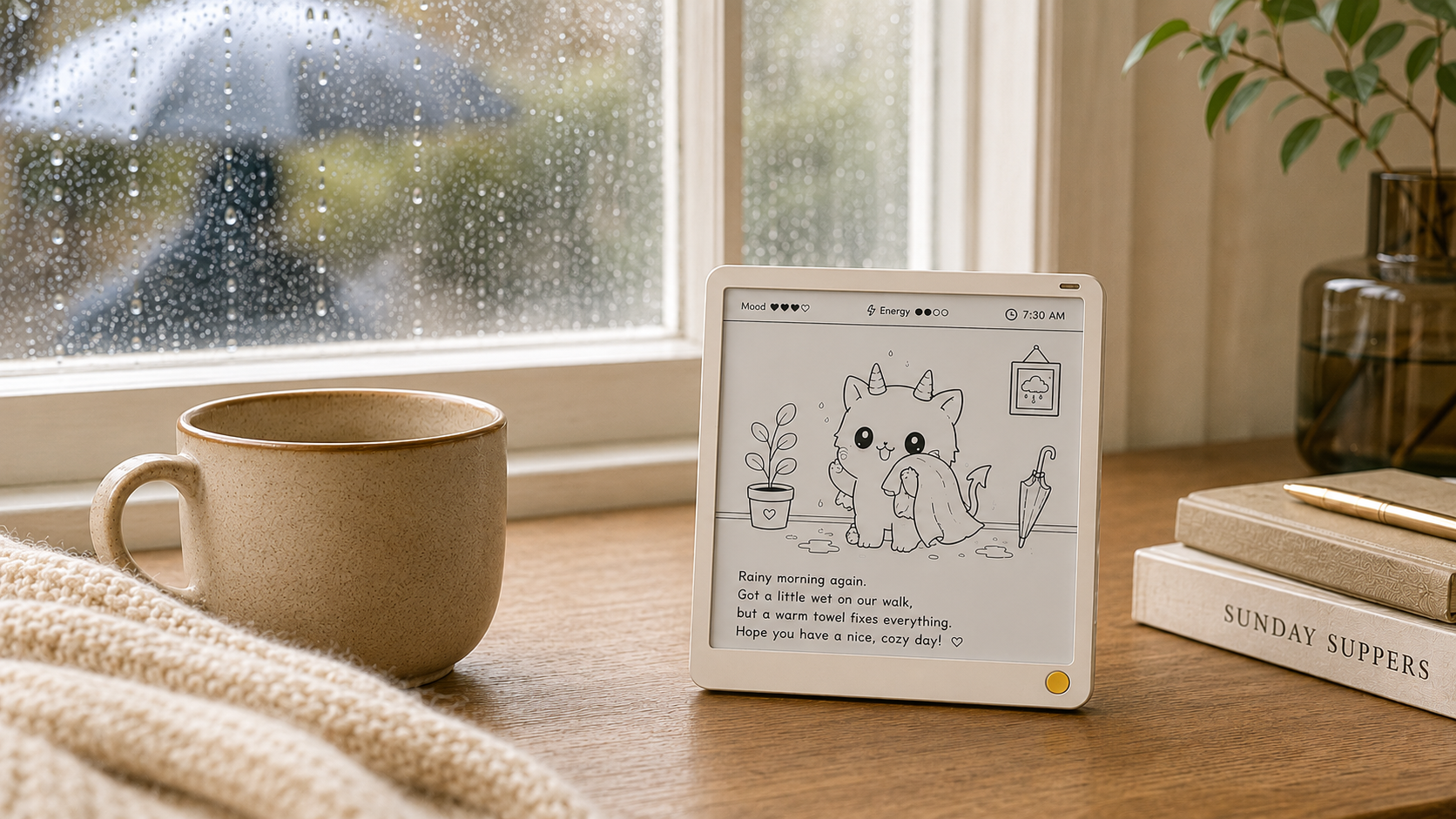 Vivlet showing a rainy morning story beside a window with rain outside